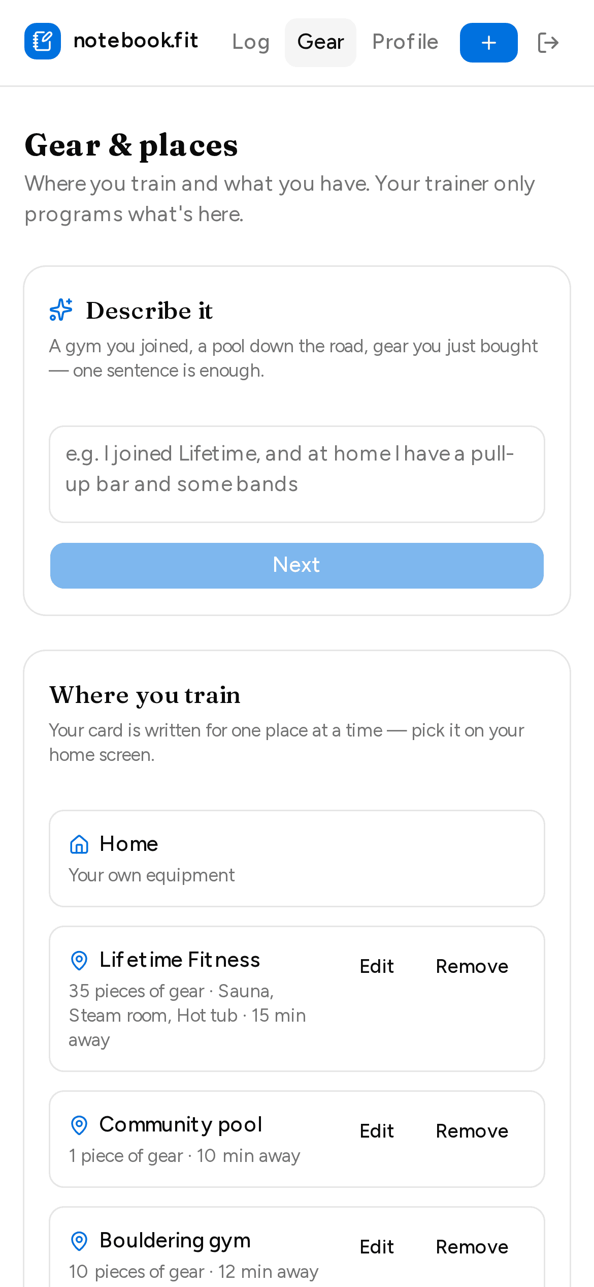 The Gear page: a sentence box to describe a place, then Home, Lifetime Fitness, a community pool and a bouldering gym, each with its gear