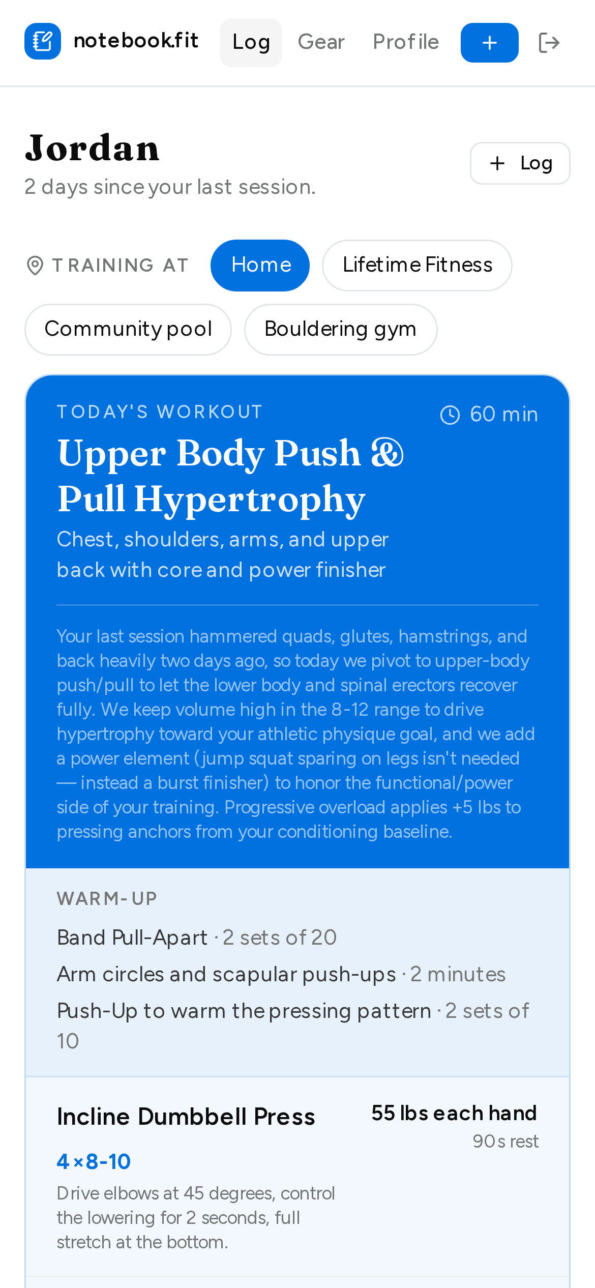 The home screen on a phone: pick where you are training today, then today's card
