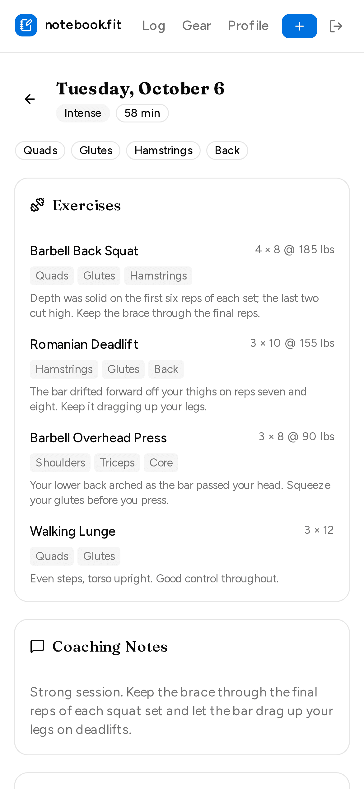 A logged session: squats, Romanian deadlifts, overhead press and lunges with sets, weights and a form note under each